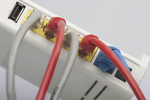 Network cables connected to the router. Network Communications