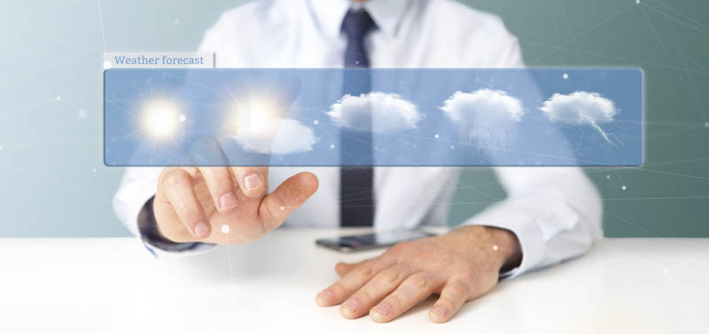 Businessman holding a Weather Forecast widget 3d rendering