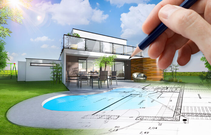 Plan et esquisse d'une maison individuelle moderne avec piscine